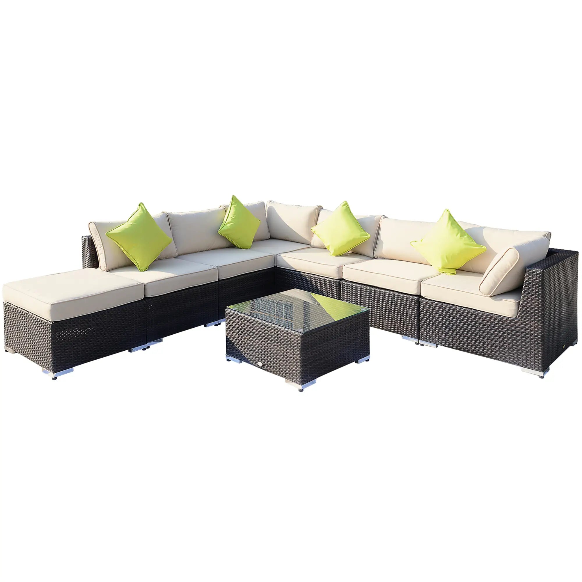 8 Pieces PE Rattan Corner Sofa Set with Thick Cushions, Aluminium Outdoor Rattan Garden Furniture Set with Glass Top Table, No Assembly Required, Mixed Brown