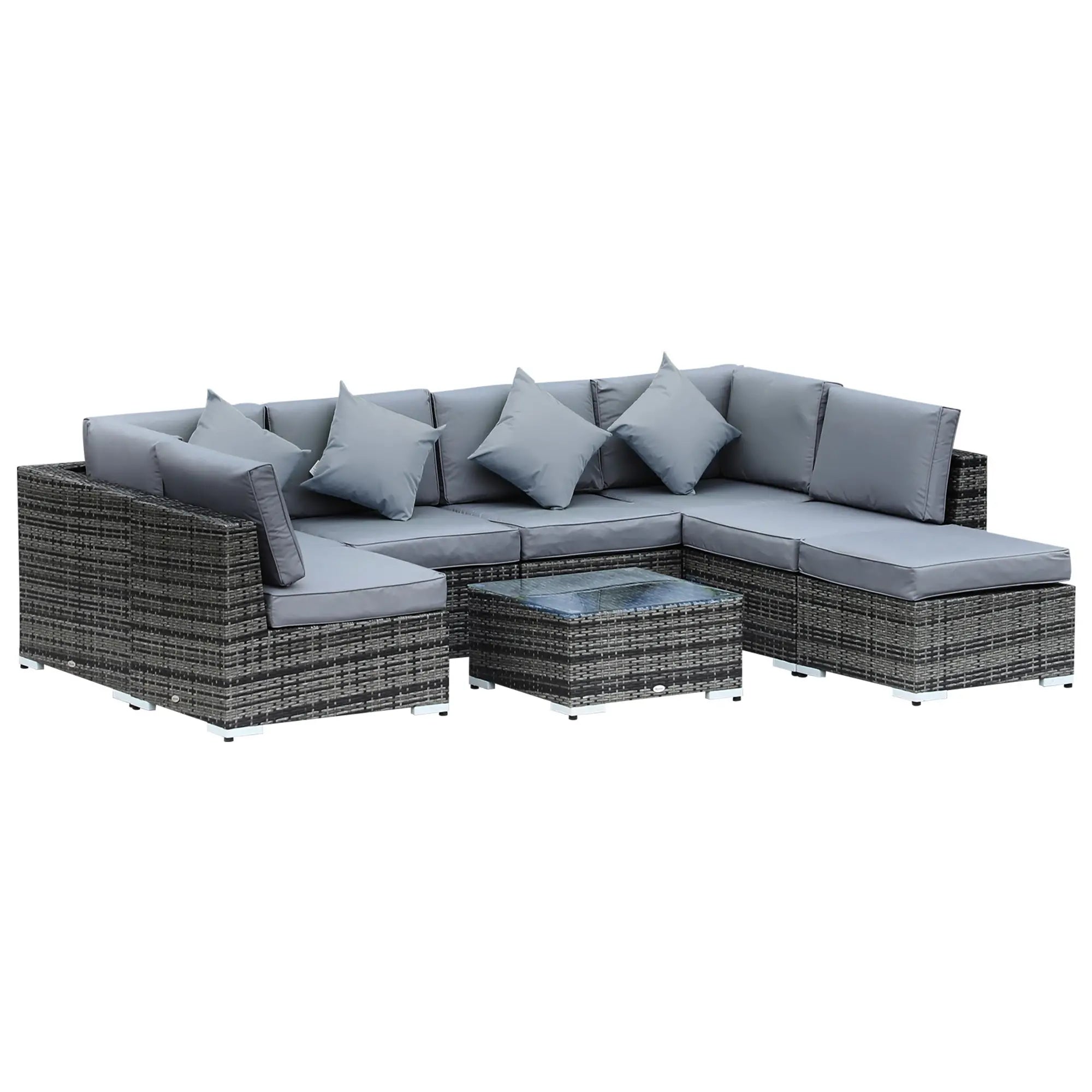 8 Pieces PE Rattan Corner Sofa Set with Thick Cushions, Aluminium Outdoor Rattan Garden Furniture Set with Glass Top Table, No Assembly Required, Grey