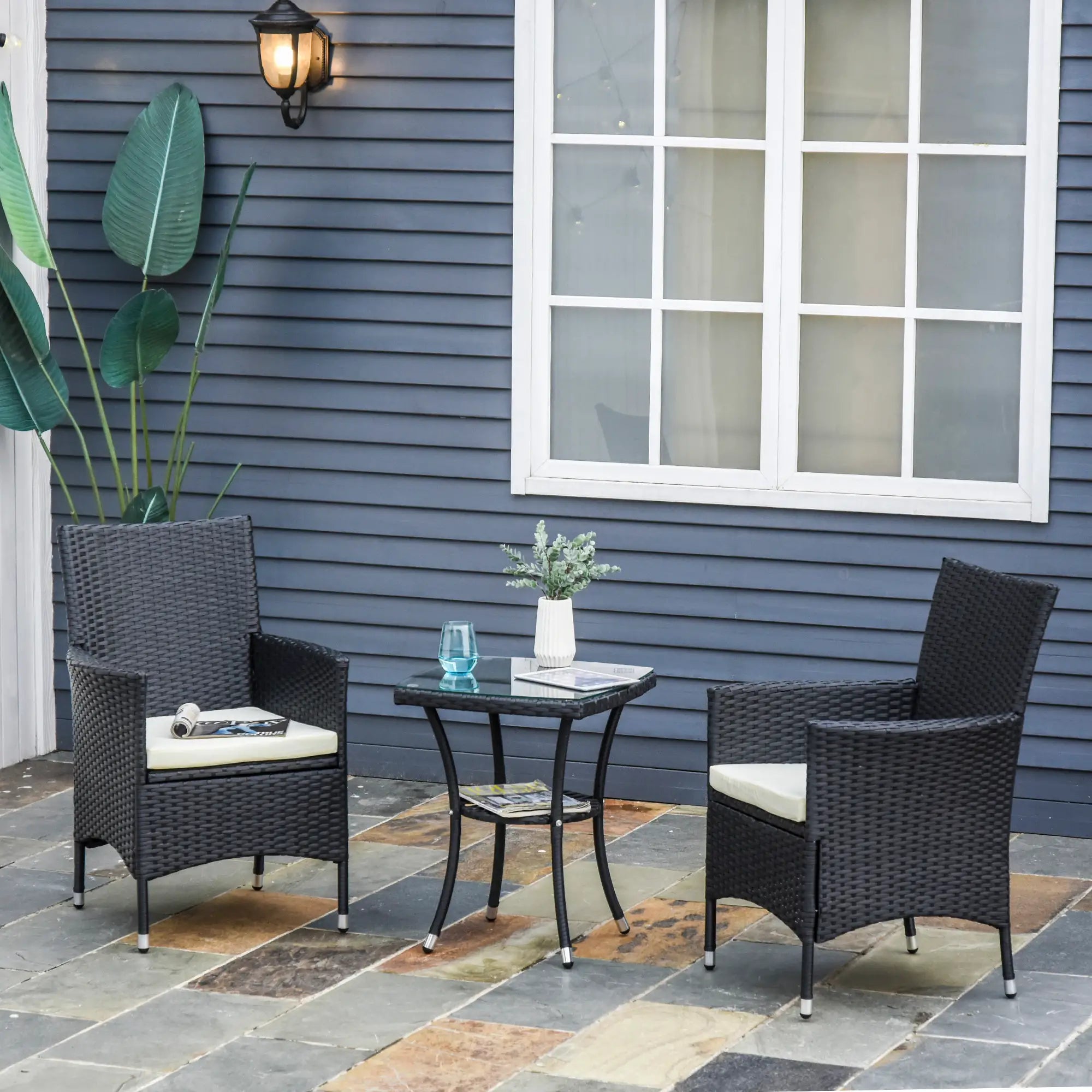 3 Pieces Rattan Bistro Set, Wicker Garden Furniture Set with 2-Tier Coffee Table and Chairs, Cushions, for Outdoor Patio Balcony, Black