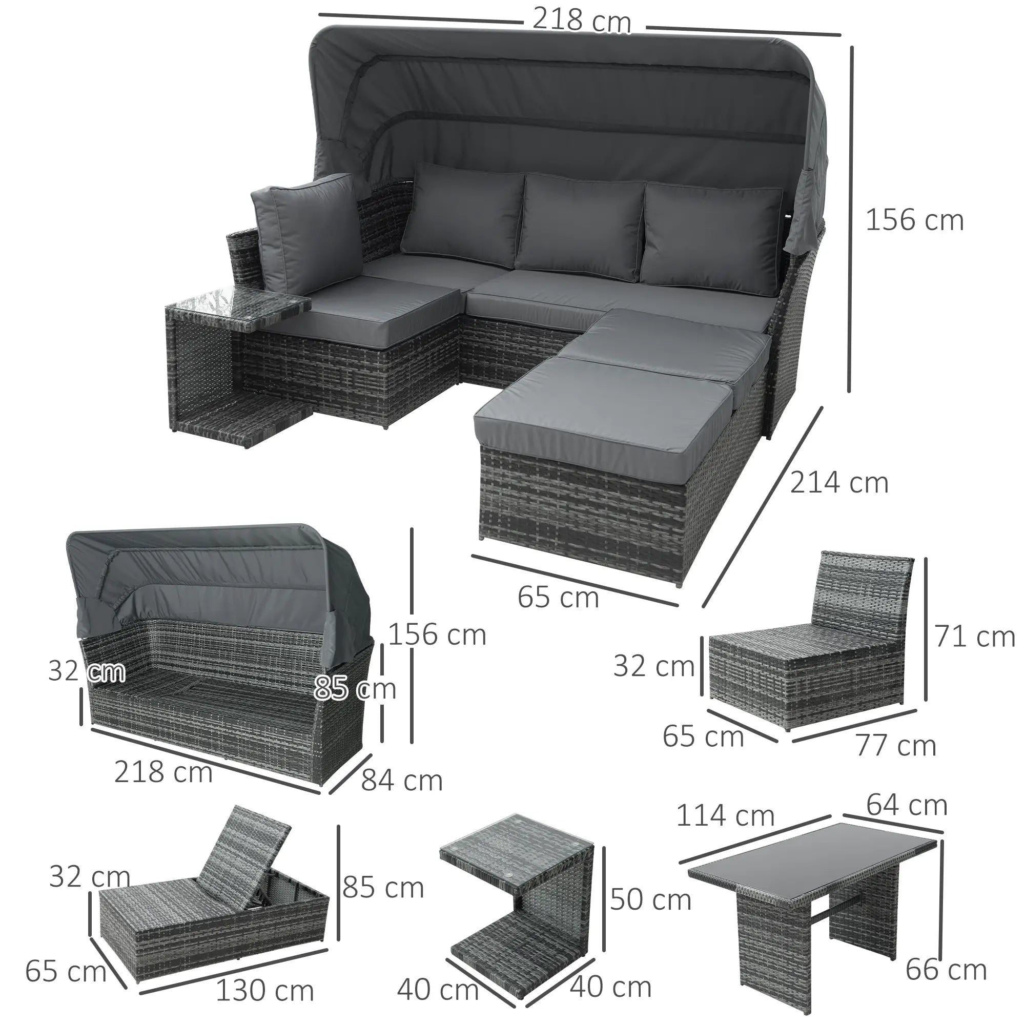 5 PCS Outdoor Rattan Wicker Sofa Sets Reclining Sofa Adjustable Canopy & Side Table Dining Table Set Sectional Conversation Furniture w/ Cushions, Mixed Grey