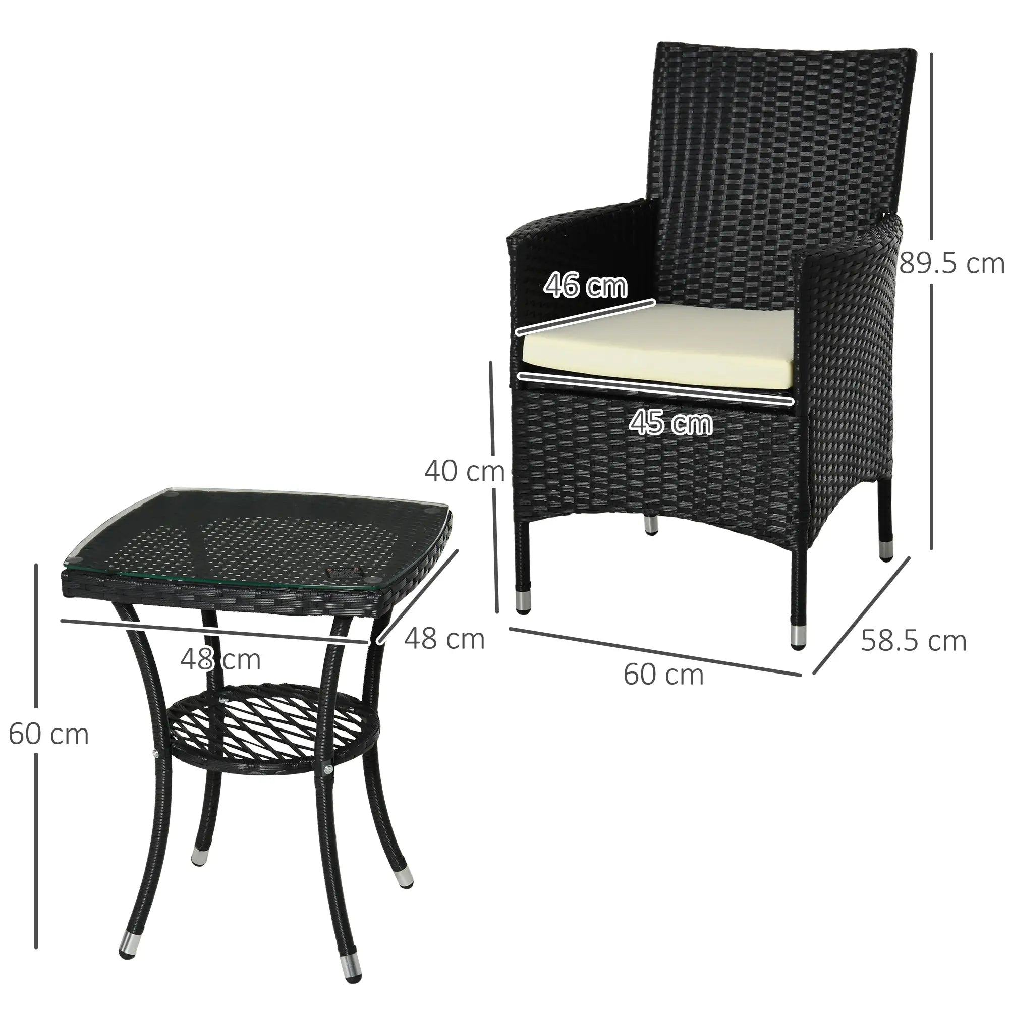 3 Pieces Rattan Bistro Set, Wicker Garden Furniture Set with 2-Tier Coffee Table and Chairs, Cushions, for Outdoor Patio Balcony, Black