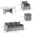 6 Pieces PE Rattan Garden Furniture Set with Three-seat, Armchairs and Footstools, Aluminium Patio Wicker Dining Sets w/ Glass Top Dining Table, Soft Cushion, Light Grey