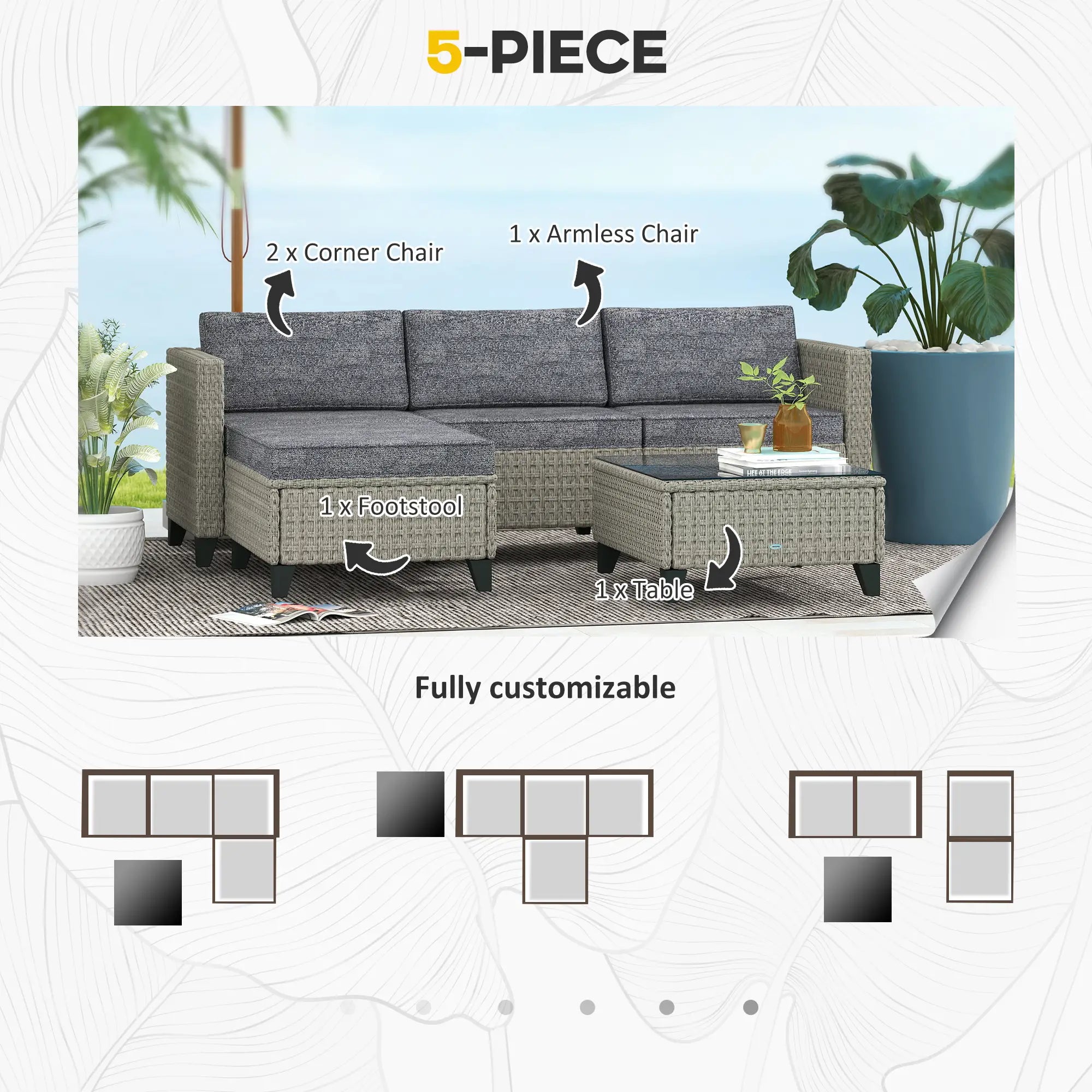 5-Piece Rattan Patio Furniture Set with Corner Sofa, Footstools, Coffee Table, for Poolside, Dark Grey