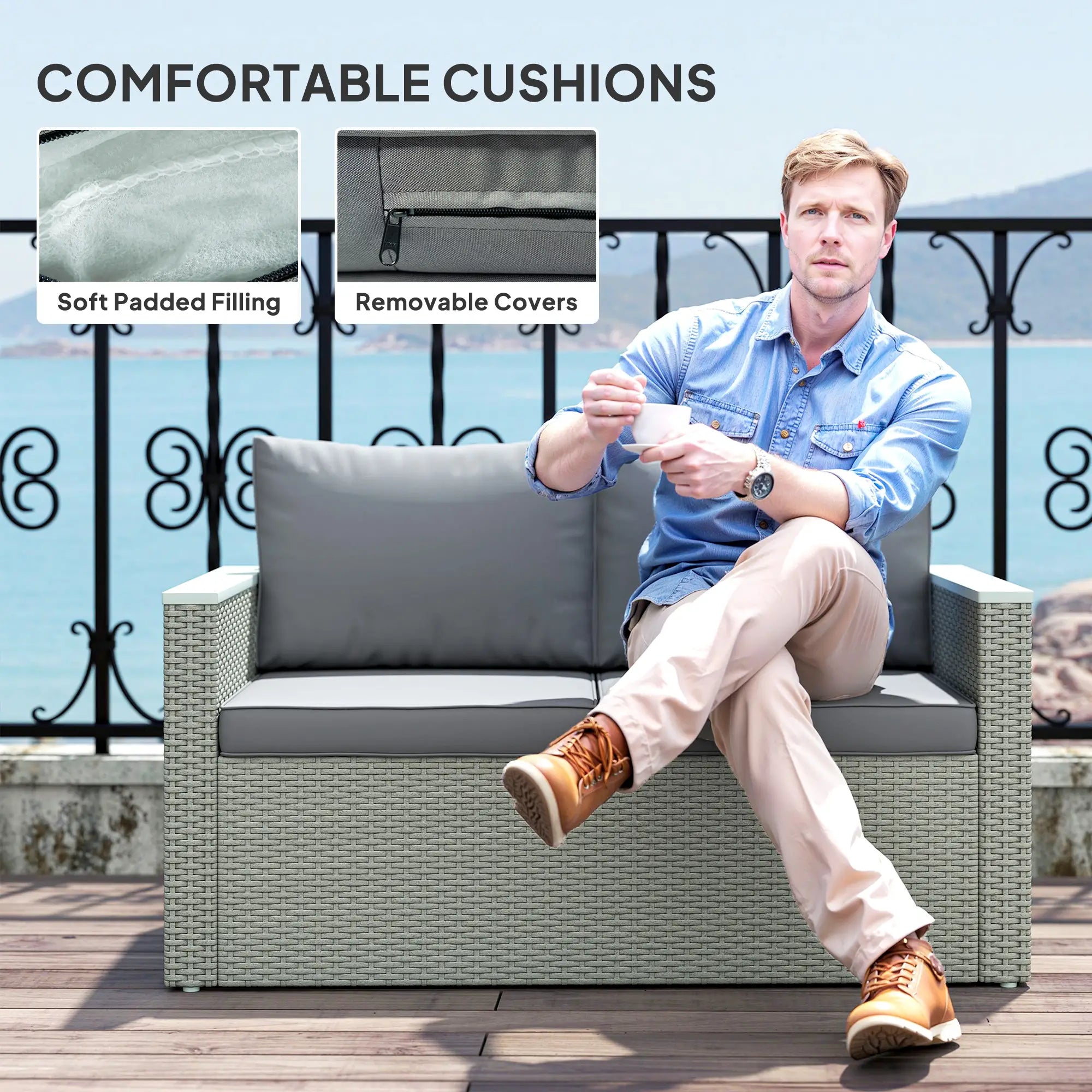 4 Piece Rattan Garden Furniture Set, 4 Seater Wicker Outdoor Sofa Set with 2 Armchairs, Loveseat, Acacia Wood Top Coffee Table, Cushions, Patio Conservatory Set for Balcony, Light Grey