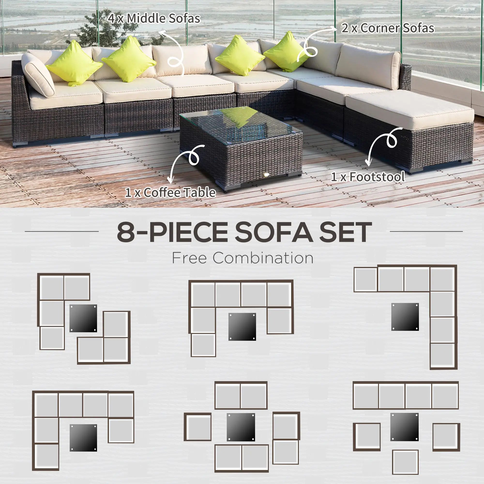 8 Pieces PE Rattan Corner Sofa Set with Thick Cushions, Aluminium Outdoor Rattan Garden Furniture Set with Glass Top Table, No Assembly Required, Mixed Brown
