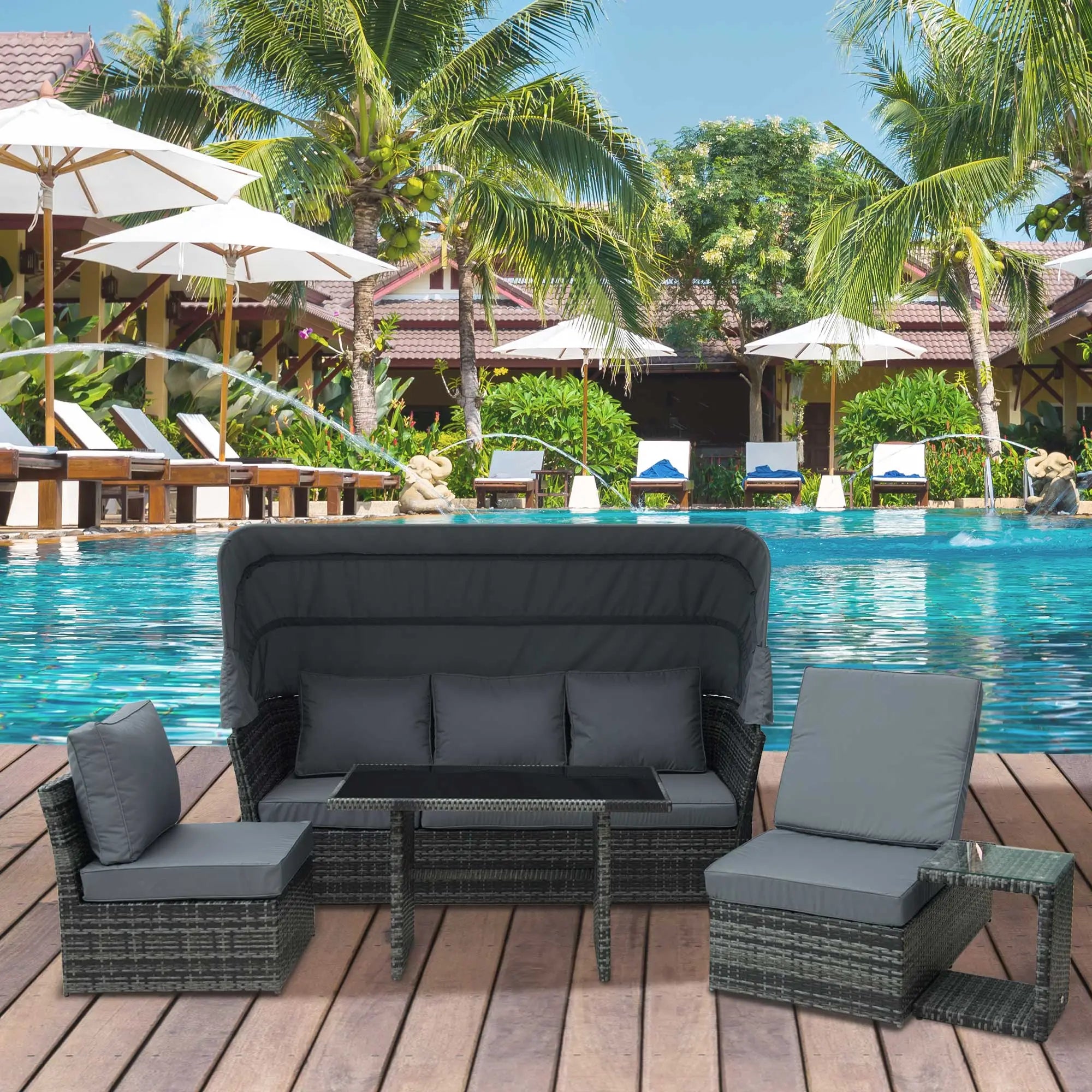 5 PCS Outdoor Rattan Wicker Sofa Sets Reclining Sofa Adjustable Canopy & Side Table Dining Table Set Sectional Conversation Furniture w/ Cushions, Mixed Grey