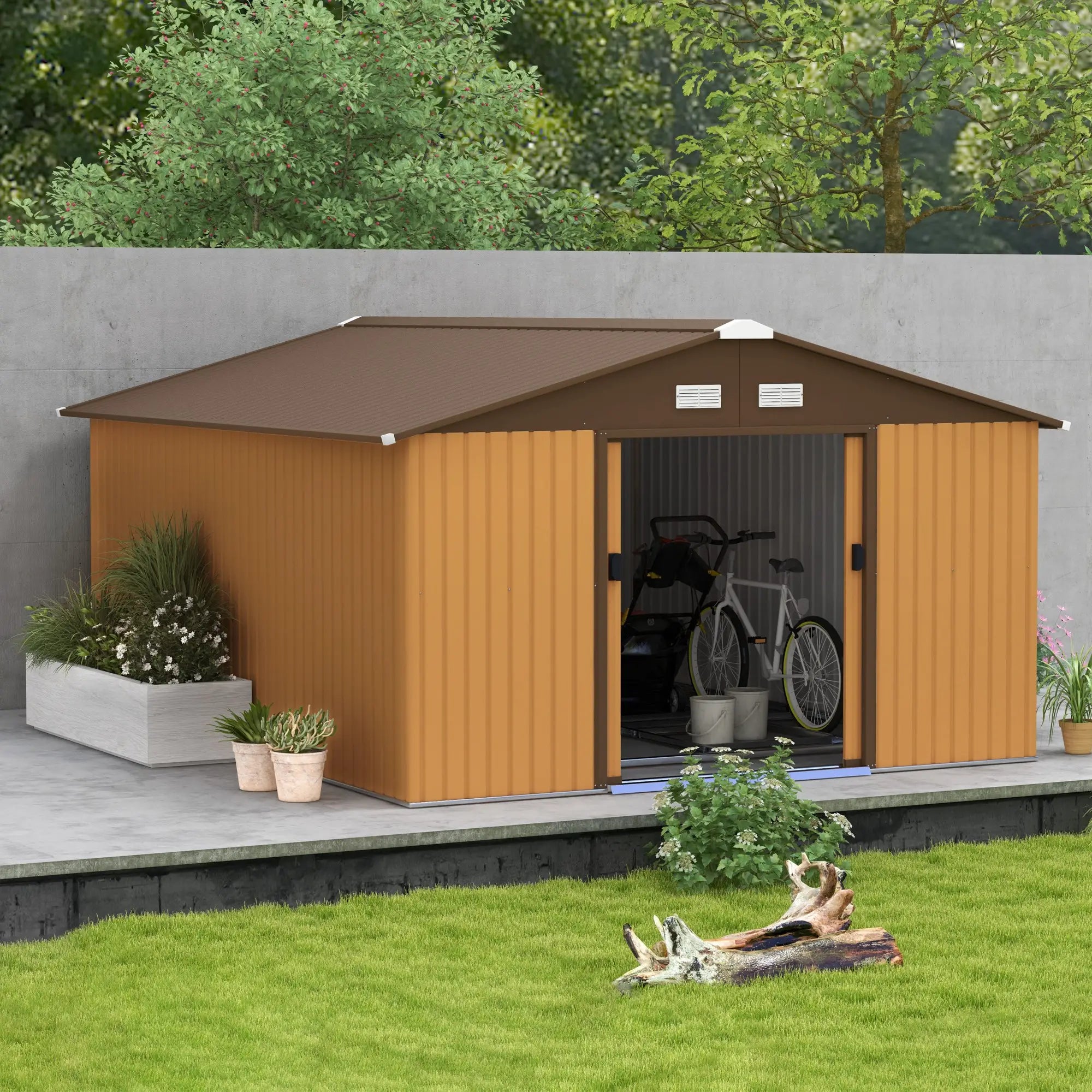 13 x 11ft Metal Garden Shed, Outdoor Storage Tool House with Ventilation Slots, Foundation Kit and Lockable Double Doors, Light Brown