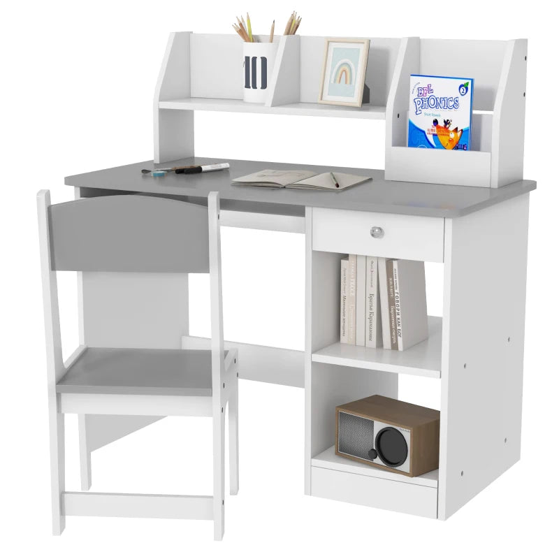Two-Piece Kids Desk and Chair Set with Storage, for Ages 5-8 Years - Grey