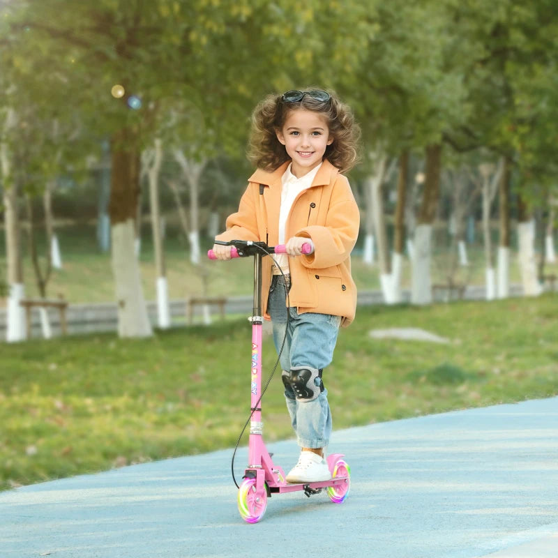 Scooter for Kids Aged 3-8 Years, with Adjustable Handle, Two Light Up Wheels, Handbrake, Rear Brake, Pink