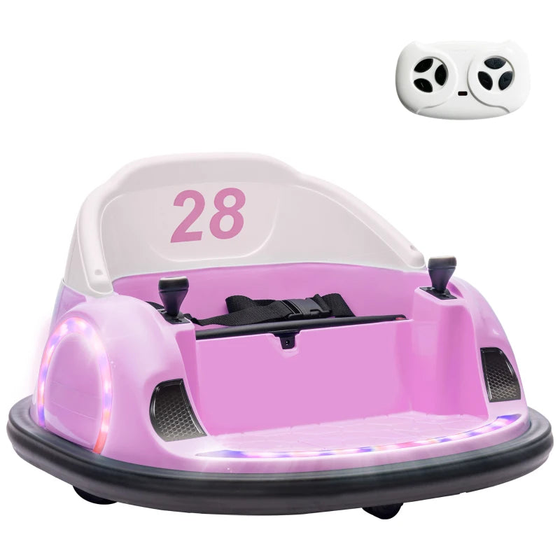 360° Rotation Kids Bumper Car, 12V Waltz Car with Remote Control, Dual Joystick, Music, Lights, Pink