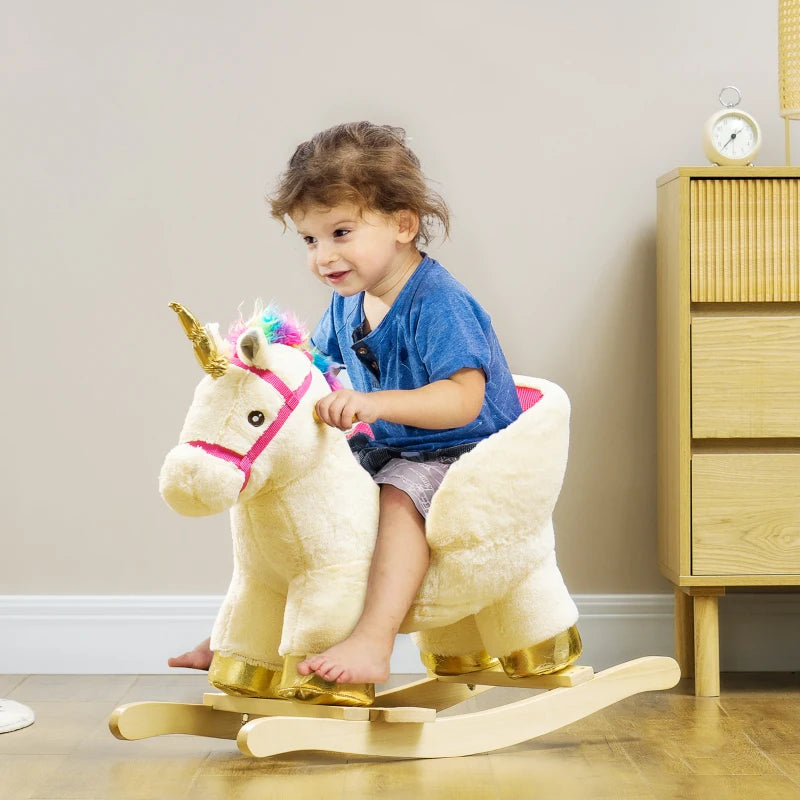Kids Rocking Horse with Realistic Sounds, Safety Belt, Wooden Base, for Ages 18-36 Months, Cream White