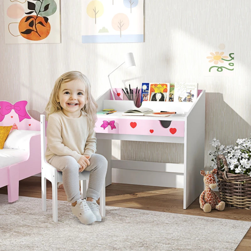 Children Study Table and Chair, Kids Desk and Chair Set with Storage, Pull-Out Drawer, for Ages 3-6 Years, Pink