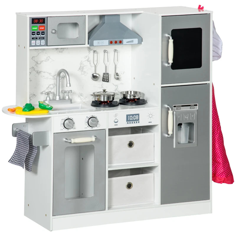 Toy Kitchen with Lights, Sounds, Apron and Chef Hat, Ice Maker, Microwave, for Ages 3-6 Years - White