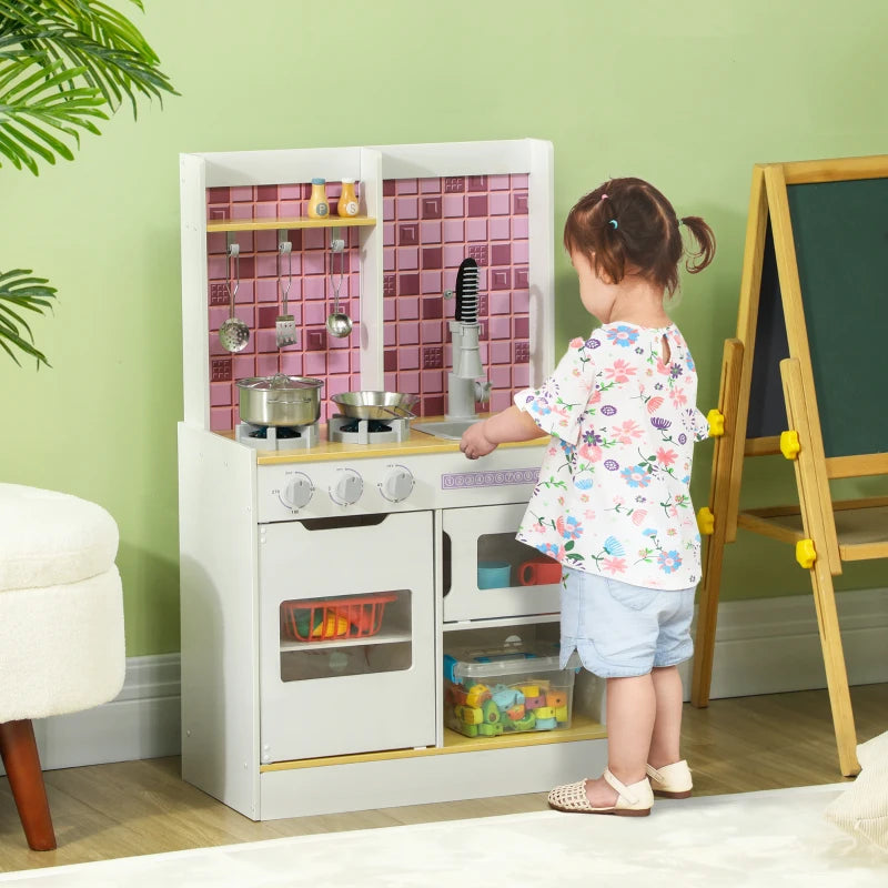 Kids Play Kitchen, Pretend Play Kitchen with Realistic Oven, Stove, Sink, Kitchen, Accessories, White