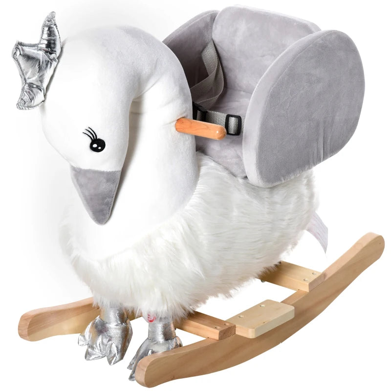 Kids Rocking Horse, Children Plush Ride On Swan Animal Rocker w/ Sound, Wood Base Seat, Safety Belt, Baby Toy Rocker for Toddler 18 - 36 Months, White and Grey