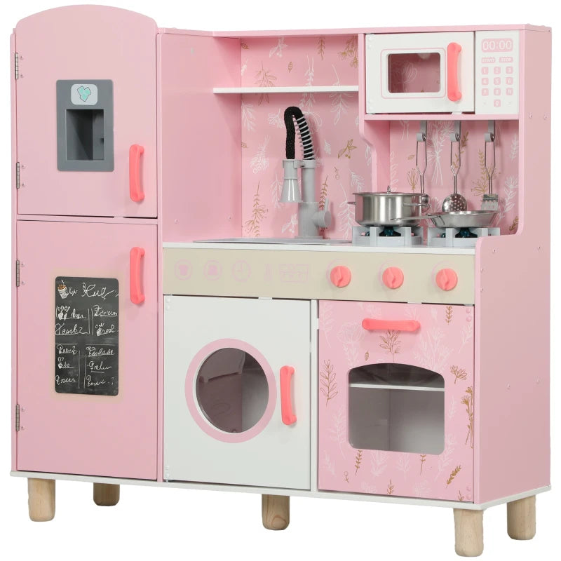 Play Kitchen, Kids Kitchen Set with Lights and Sounds, Double Stoves, Ice Maker, Chalkboard for 3+ Years, Pink