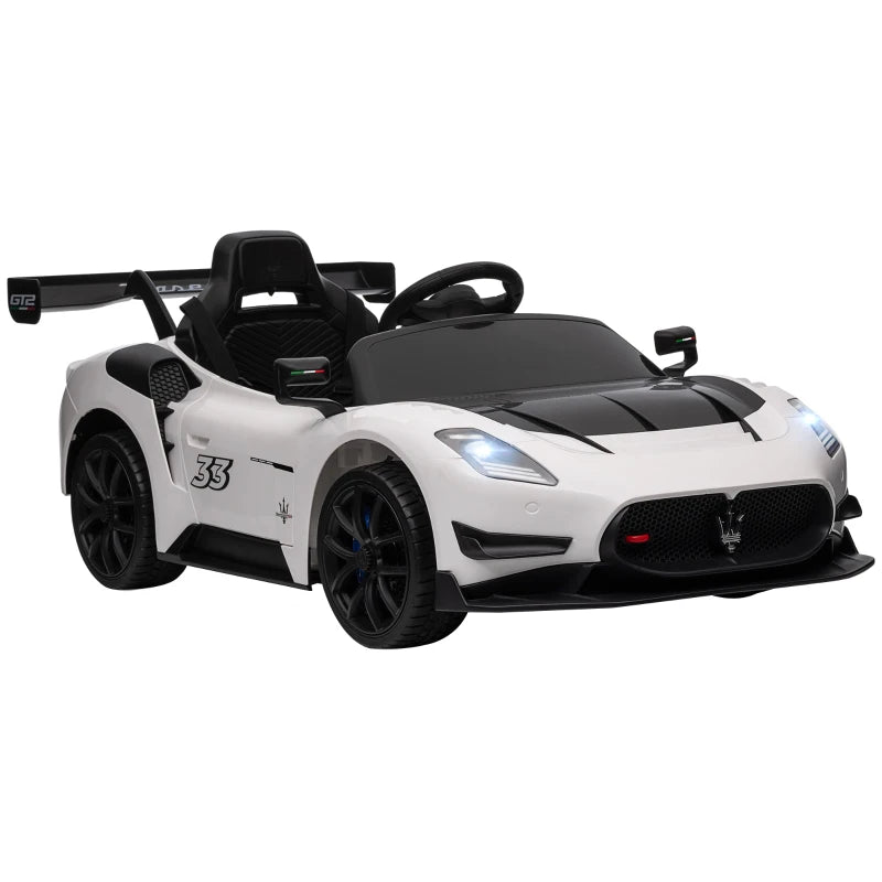 Maserati GT2 Licensed 12V Kids Electric Ride on Car with 4 Suspension Wheels, Remote Control, Music, Horn, Lights, White