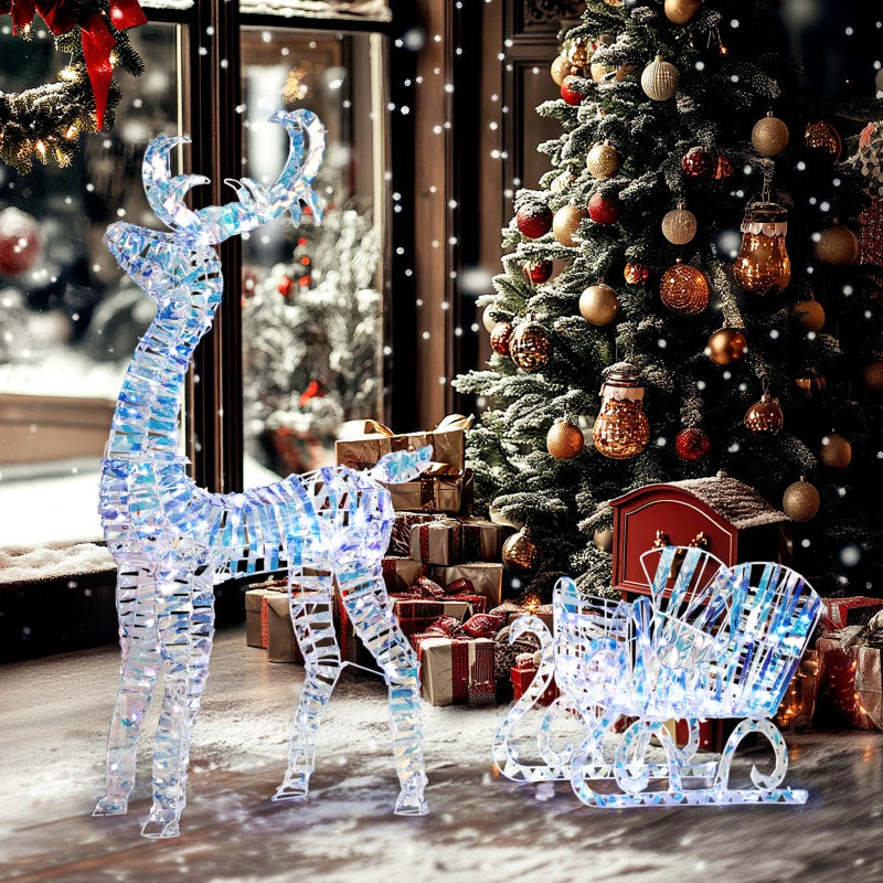 Lighted Christmas Reindeer with Sleigh, Outdoor Yard Reindeer with 170 Warm White LED Lights, Holiday Decor with Stakes, Waterproof, Silver