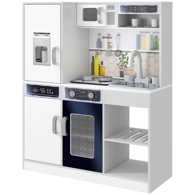 Pretend Play Toy Kitchen, Kids Kitchen Playset w/ Sounds, Lights, Running Water, Coffee Maker, Refrigerator