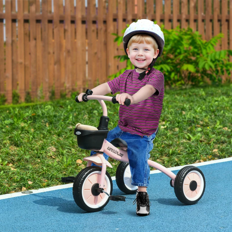 Kids Trike, Tricycle, with Adjustable Seat, Basket, Bell, for Ages 2-5 Years - Pink