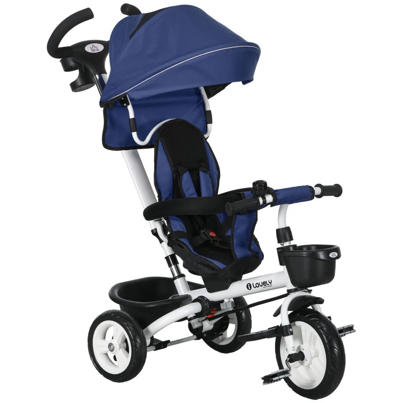 Metal Frame 6 in 1 Baby Push Tricycle with Parent Handle for 1-5 Years Old, Dark Blue