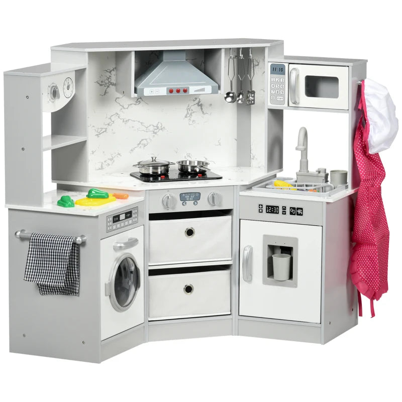 Toy Kitchen with Running Water, Lights, Sounds, Apron and Chef Hat, Water Dispenser, for Ages 3-6 Years, Grey
