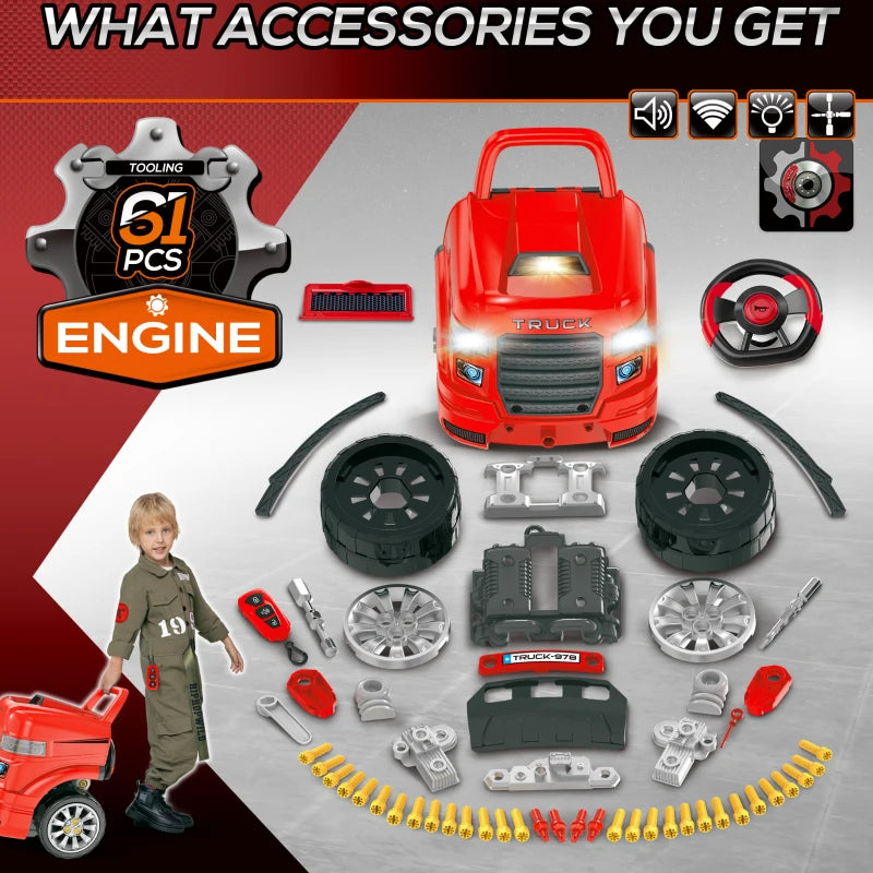 Kids Truck Engine Toy Set, Toddler Educational Car Service Station Playset, Take Apart Workshop, w/ RC Car Key, Steering wheel, Horn, Light, for 3-5 Years Old Red