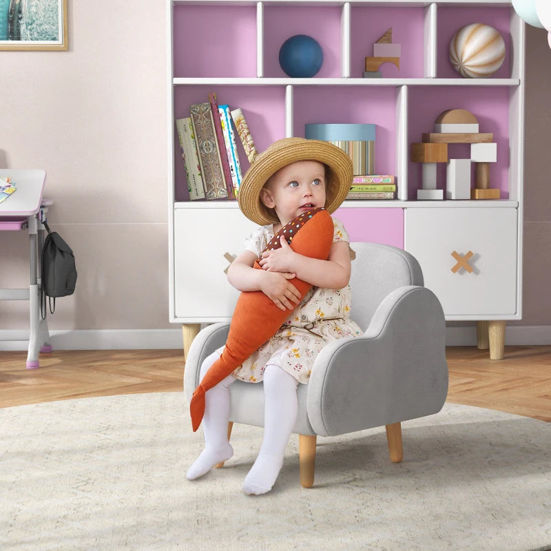Kids Armchair Toddler Sofa Children Chair with Arm Rest, Wooden Frame, Velvet, PP Legs, Cloud Shape, for Ages 1.5-3 Years - Grey