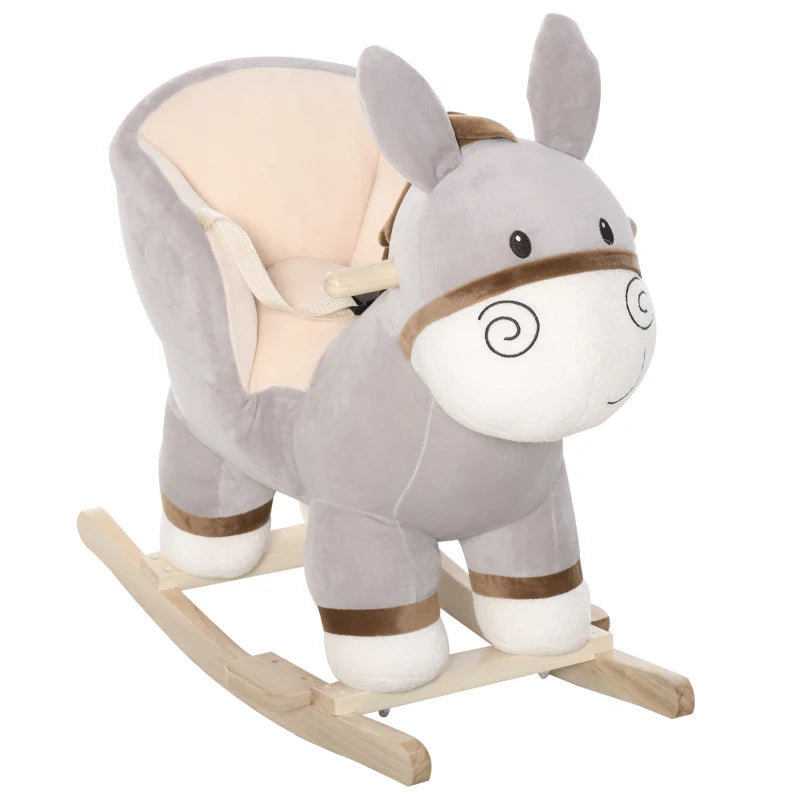Kids Rocking Horse, Children Plush Ride On Donkey Animal Rocker w/ Sound, Wood Base Seat, Safety Belt, Baby Toy Rocker for Toddler 18 - 36 Months, Grey