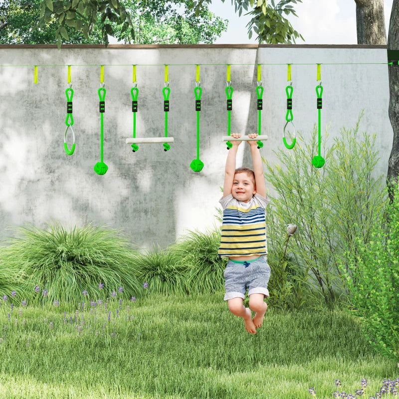 7-Piece Kids Zip Line Kit for Garden, 10m Kids Slackline Kit with Wooden Monkey Bars, Metal Rings, Gripping Balls, Green