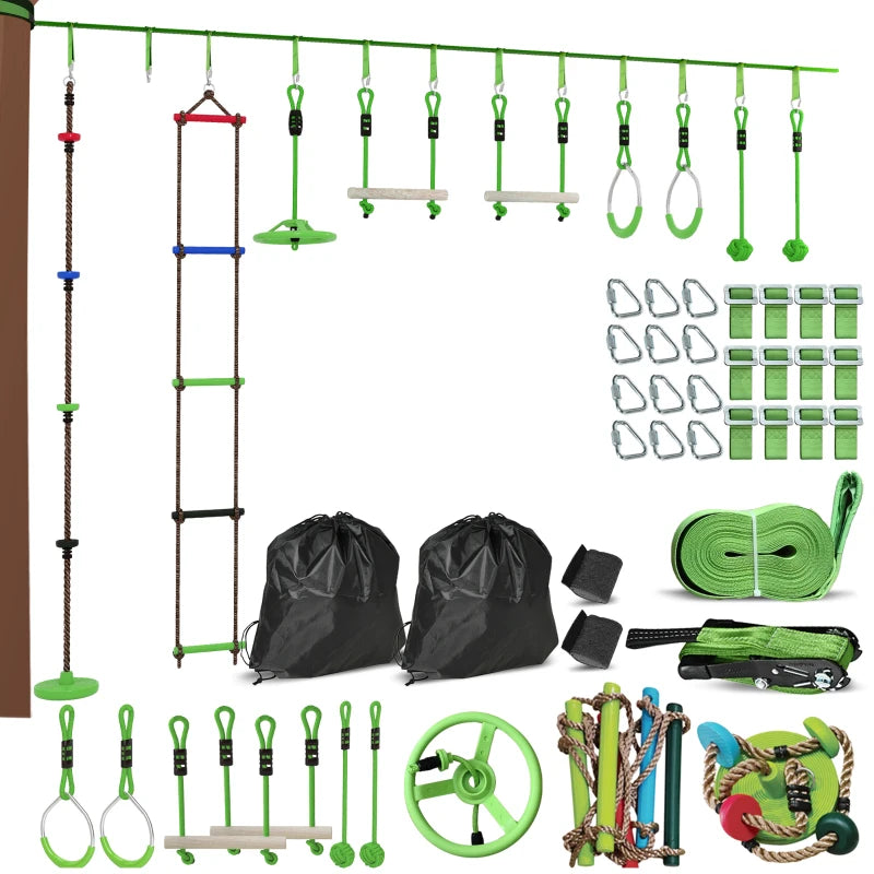 Obstacle course for Kids, with 10-Piece Slackline Kit with Monkey Bars, Gym Rings, Rope Ladder, Nest Swing, Hanging Tray