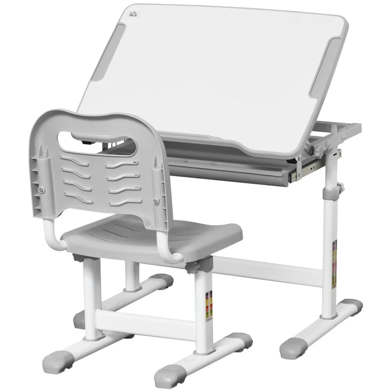 Kids Desk and Chair Set, Student Adjustable Writing Desk, with Drawer, Pen Slot, Hook - Grey