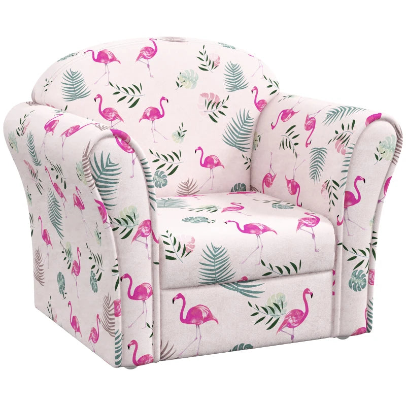 Kids Armchair with Flamingo Design, Wooden Frame, for Bedroom, Playroom, Kids Room - Pink