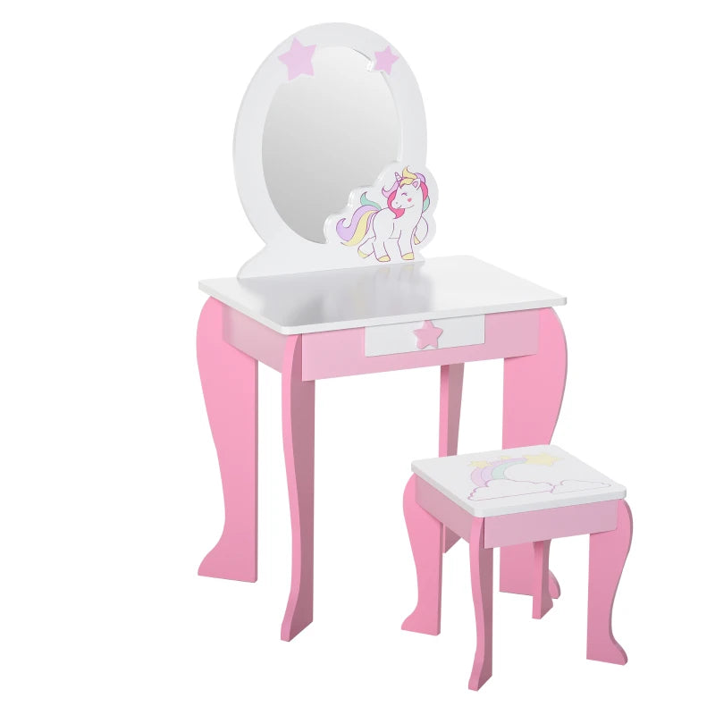 Kids Dressing Table with Mirror, Stool, Pink