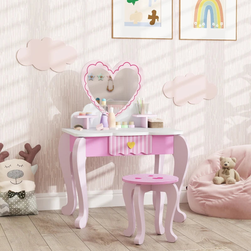 Kids Dressing Table Set, Vanity Table with Stool, Mirror, Drawer, Desktop Storage, Heart Theme, Pink