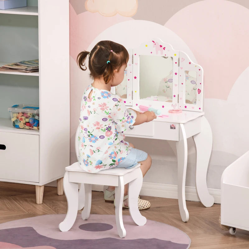 Kids Vanity Table and Chair Set with Tri-Folding Mirror and Stool, Makeup Dressing Table with Drawer, White