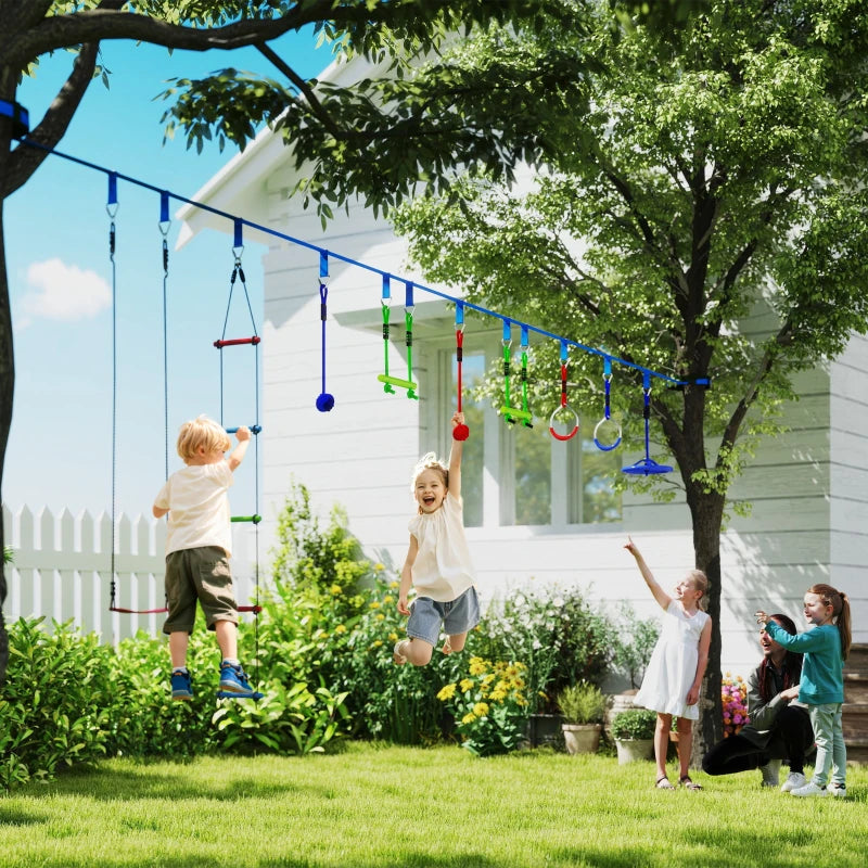 10-Piece Zip Line Kit for Kids with 10m Slackline, Monkey Bars, Swing, Climbing Ladder, Hanging Tray, Metal Rings