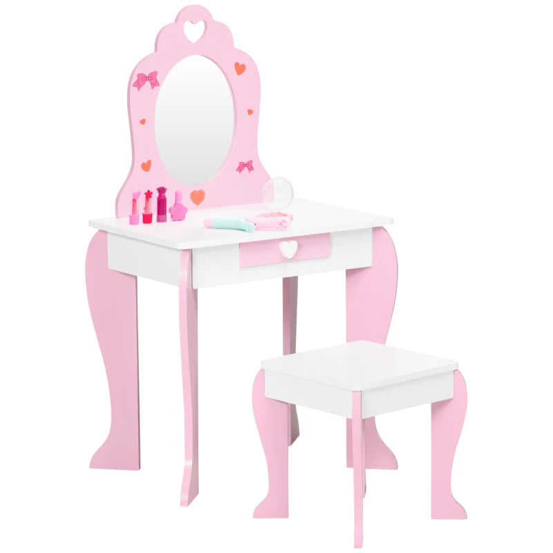 Kids Dressing table Set w/ Mirror, Stool, Drawer, Cute Patterns, for Ages 3-6 Years - Pink