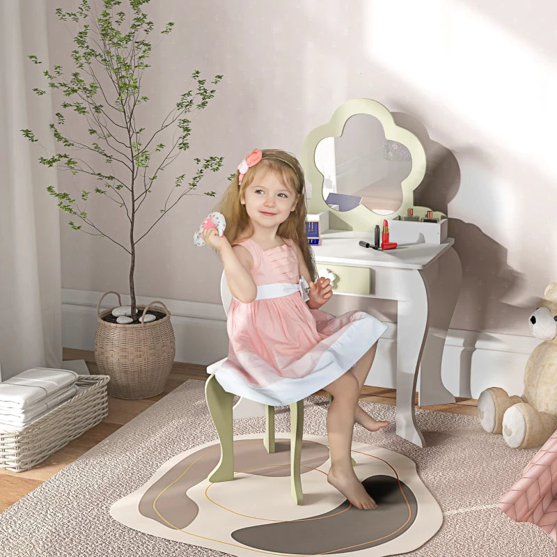 Kids Vanity Table with Mirror and Stool, Drawer, Storage Boxes, Flower Design, for Ages 3-6 Years - White