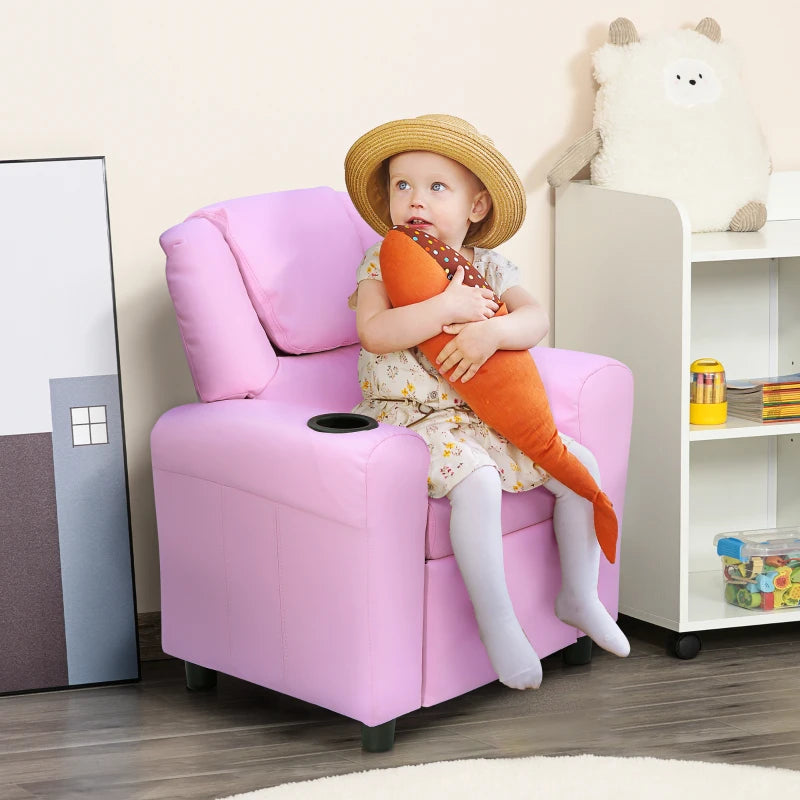Kids Recliner Chair, PU Leather with Adjustable Backrest, Footrest, Padded Headrest, Pink