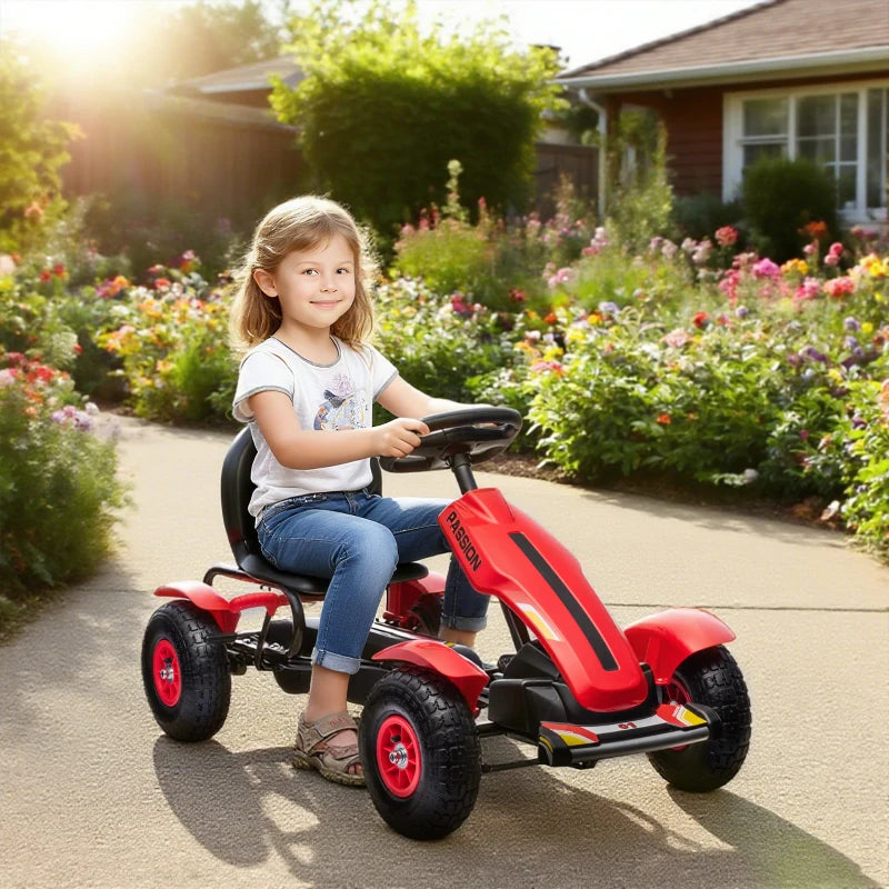 Children Pedal Go Kart, Kids Ride On Racer with Adjustable Seat, Inflatable Rubber Tyres, Handbrake, for Ages 5-12 Years - Red