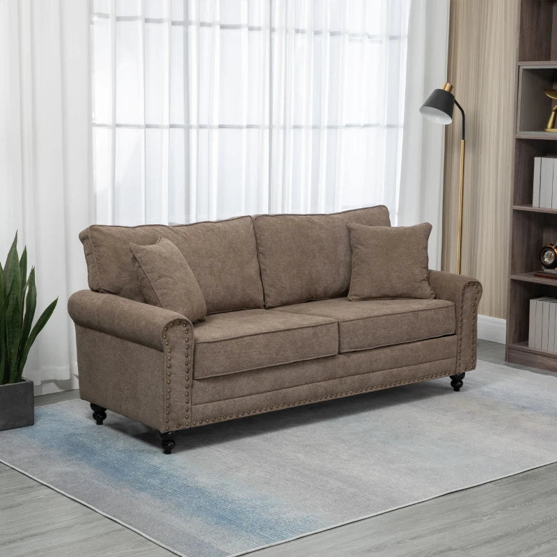 196cm 3 Seater Sofa, Fabric Sofa with Rubber Wood Legs, Nailhead Trim, 2 Pillows, Small Upholstered Couch Settee for Living Room, Guest Room, Brown