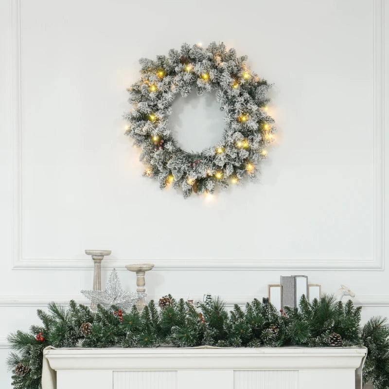 60" Snowy Pine Cone and Berry Christmas Wreath, with LED Lights