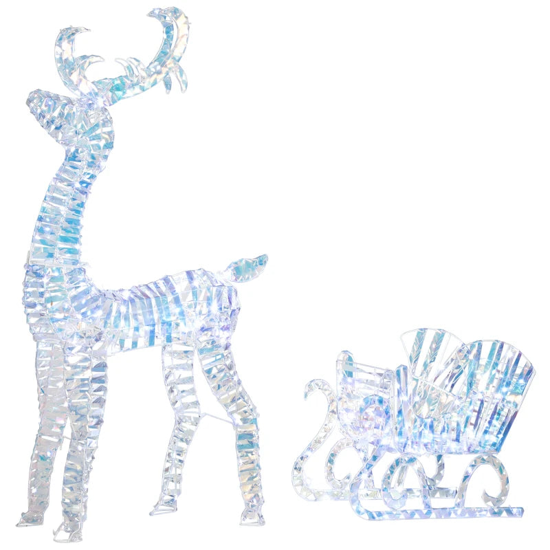 Lighted Christmas Reindeer with Sleigh, Outdoor Yard Reindeer with 170 Warm White LED Lights, Holiday Decor with Stakes, Waterproof, Silver