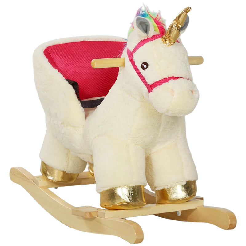 Kids Rocking Horse with Realistic Sounds, Safety Belt, Wooden Base, for Ages 18-36 Months, Cream White