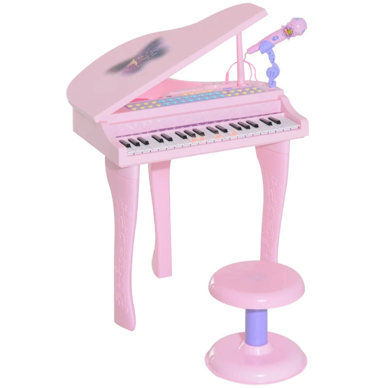 37 Keys Kids Mini Electronic Keyboard Children Grand Piano with Stool Microphone Light Musical Instrument Educational Game Toy Set (Pink)