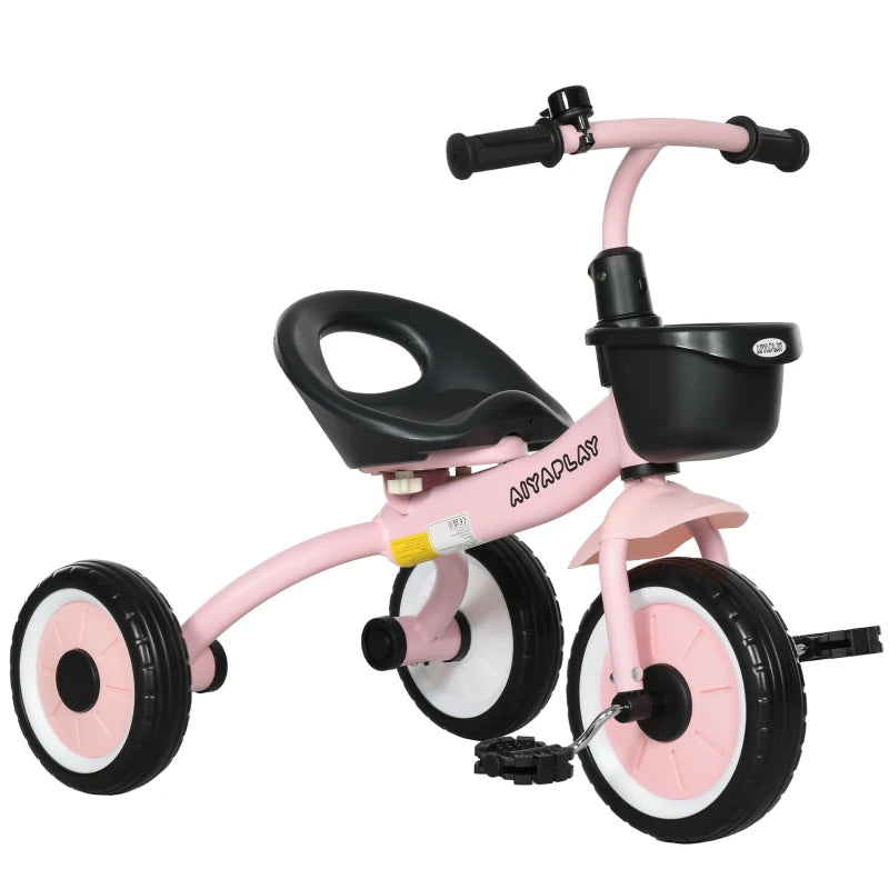 Kids Trike, Tricycle, with Adjustable Seat, Basket, Bell, for Ages 2-5 Years - Pink