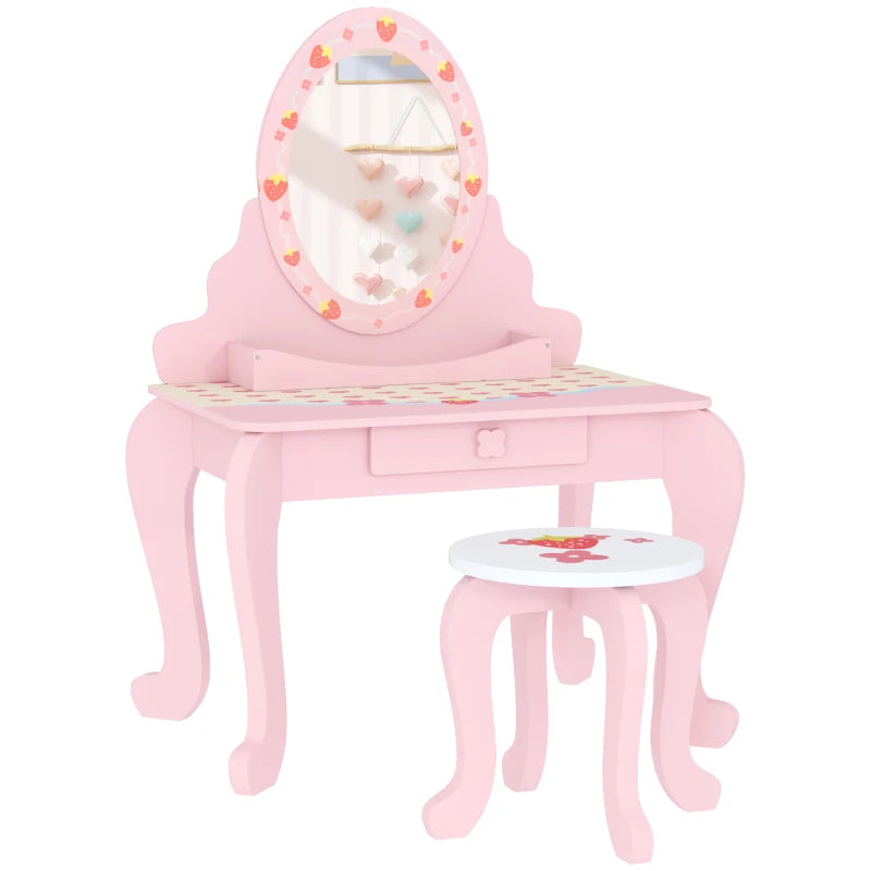 Kids Dressing Table Set, Vanity Table with Stool, Mirror, Drawer, Desktop, Storage, Strawberry-Theme, Pink