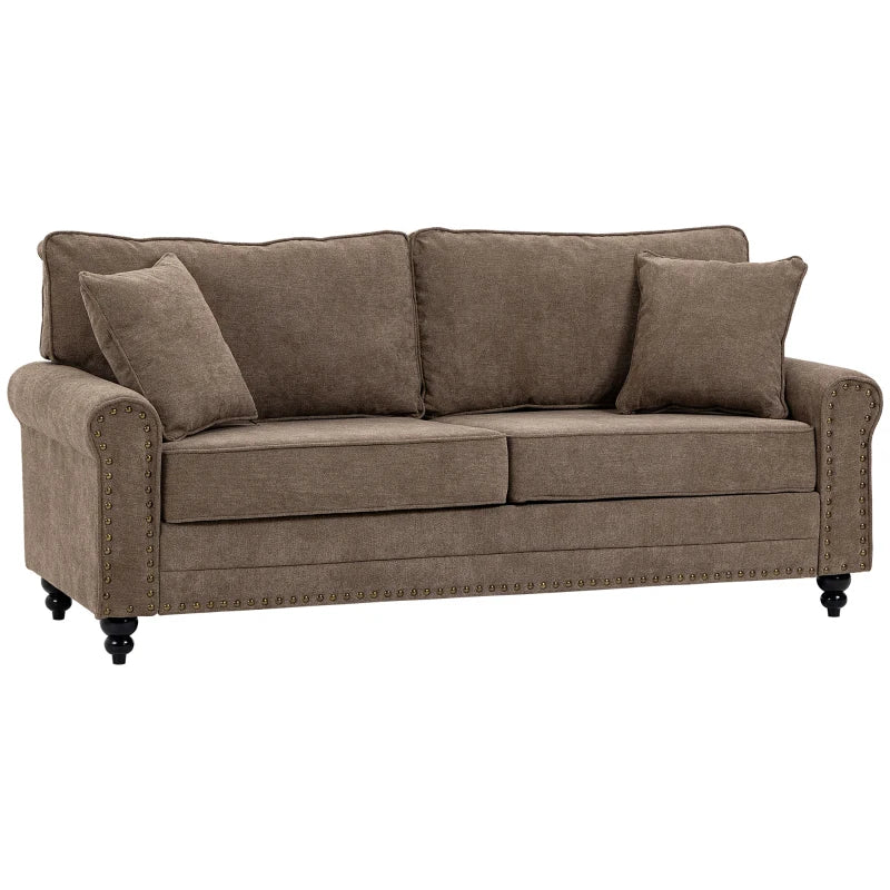 196cm 3 Seater Sofa, Fabric Sofa with Rubber Wood Legs, Nailhead Trim, 2 Pillows, Small Upholstered Couch Settee for Living Room, Guest Room, Brown