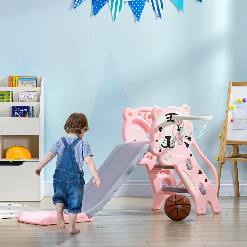 3 in 1 Baby Slide for Indoor Use with Climber, Basketball Hoop, Basketball, for Ages 18-36 Months - Pink